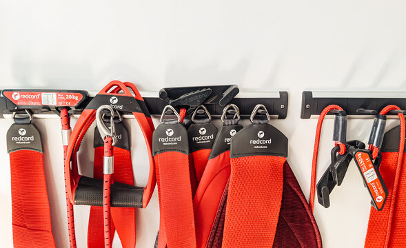 Kyiv, Ukraine - 08.30.2022 : Redcord training equipment.
Redcord is a system of slings  for physical therapy sessions.