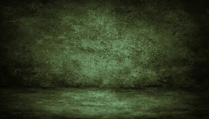 Black dark olive green horror background. Interior room. Concrete old wall, floor. Grunge. Product display. 3d rendering. Empty space. For mockup, showcase, design. Stage. Spooky creepy.Broken,cracked - obrazy, fototapety, plakaty