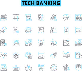 Tech banking linear icons set. Fintech, Blockchain, Cryptocurrency, Mobile banking, Machine learning, Artificial intelligence, Contactless payments line vector and concept signs. Big data