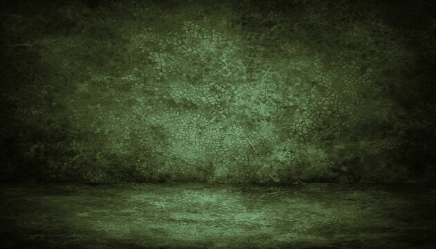 Black dark olive green horror background. Interior room. Concrete old wall, floor. Grunge. Product display. 3d rendering. Empty space. For mockup, showcase, design. Stage. Spooky creepy.Broken,cracked