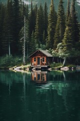 Fototapeta premium House on the lake. AI generated art illustration.