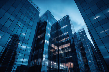 Plakat Modern glass office buildings skyscrapers at night. Generative AI 