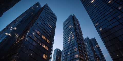 Fototapeta na wymiar Modern glass office buildings skyscrapers at night. Generative AI 