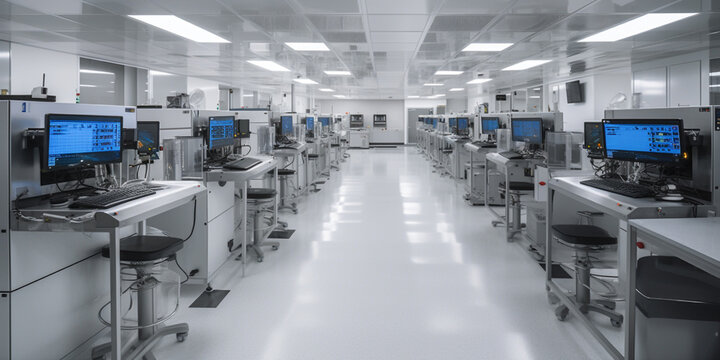 interior of factory and operating room clean room with chip production computers. Generative AI	
