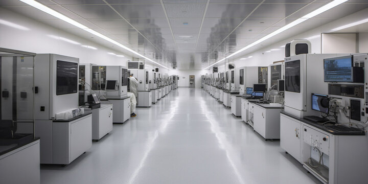 interior of factory and operating room clean room with chip production computers. Generative AI	