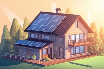 sustainable home with solar panels on roof, generative AI