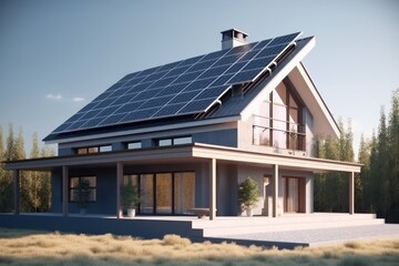 Fototapeta premium sustainable home with solar panels on roof, generative AI