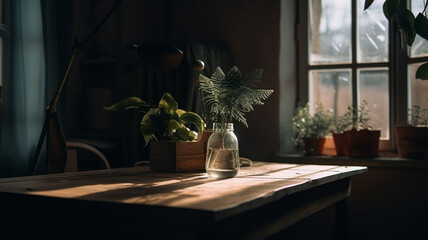 Warm and cozy day, plant pot on the wood table near the window with morning beautiful light with generative ai technology
