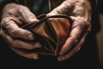 The concept of poverty and misery. Close-up of hands holding an empty wallet. Generative AI	