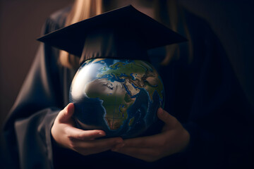 Globe of the Earth in a graduation hat in the hands of a graduate, Generative AI 1