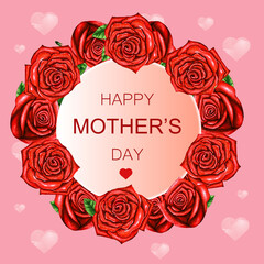 Happy Mother's day greeting card with red roses. Typography design for greeting cards and poster with roses and hearts. Design template for Mother's day.