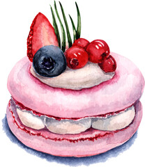 Macaroon, cake. Berry dessert. Watercolor illustration.