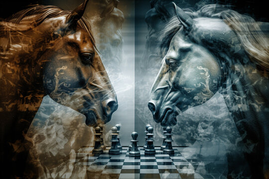 abstract image two horses and a chessboard. Generative AI	
