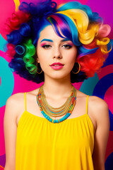 Obraz premium Young cute beautiful girl close-up with bright wavy or curly rainbow multicolored hair and necklace on color background. Generative AI.