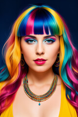 Naklejka na ściany i meble Young cute beautiful girl close-up with bright rainbow multicolored hair and necklace on color background. Generative AI.