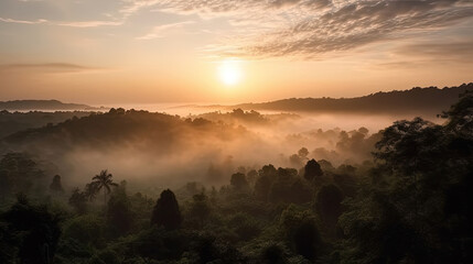 sunset over hills with thick floating clouds.GENERATIVE AI