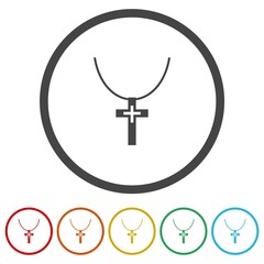 Christian cross on chain icon. Set icons in color circle buttons