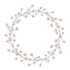 Elegant wreath in a round frame made of dried beige decorative branches in watercolor style. Digital illustration on a white background. For invitations, date saving, gratitude or greeting card