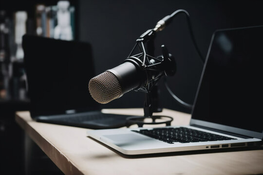 professional microphone on the table against the background of a laptop. Generative AI	