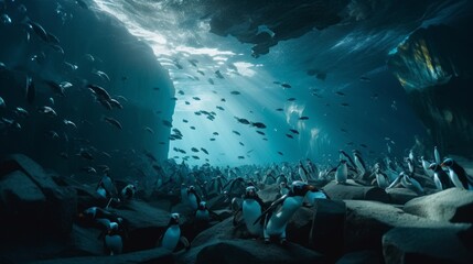 Exploring the Serene Depths: A Breathtaking Underwater World of Penguins and Fish Amongst Icebergs and Shards Captured by Tim Walker's Sony A9, Generative ai