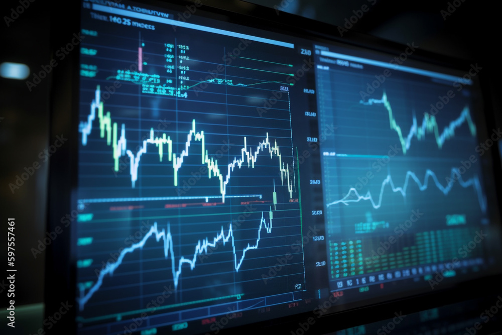 Poster Close-up of stock charts on a display on a dark background. Generative AI	