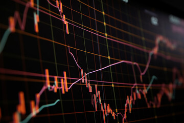 Close-up of stock charts on a display on a dark background. Generative AI	