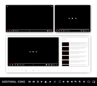 Video player template of different shapes for web or mobile applications. Vector illustration.