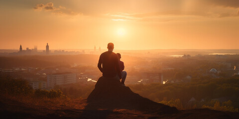 Father and son silhouettes standing on a hill at sunset. Generative AI	