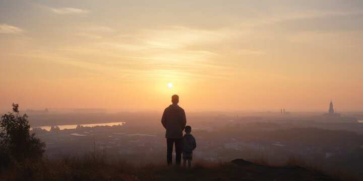 Father and son silhouettes standing on a hill at sunset. Generative AI	