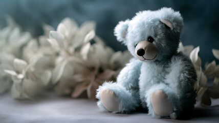 Soft and plushy teddy bear on soft ethereal background.