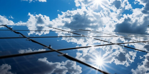 Blue sky with white clouds reflecting off the surface of solar panels. Generative AI	