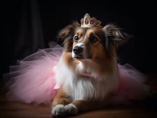 A dog dressed up in a tutu and tiara, posing as a princess.