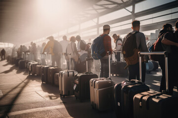 Row of Suitcases in Airport, Blurry Background of People