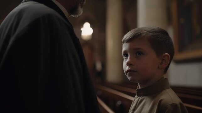 Concept of child indoctrination in church: old priest and underage boy
