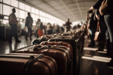 Row of Suitcases in Airport, Blurry Background of People