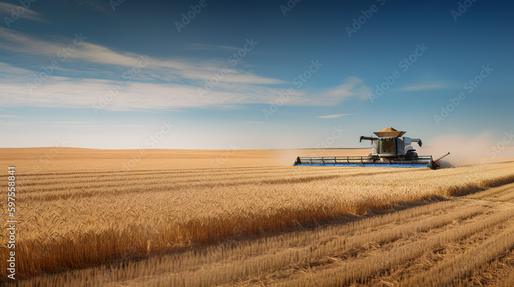 Poster a combine harvester in the middle of a wheat field. ai generative.