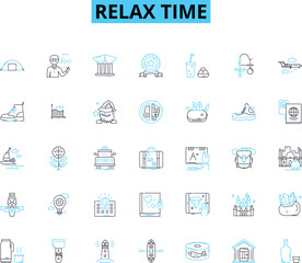 Relax time linear icons set. Serenity, Tranquility, Calmness, Bliss, Peacefulness, Repose, Chillaxing line vector and concept signs. Comfort,Leisure,Composure outline illustrations Generative AI