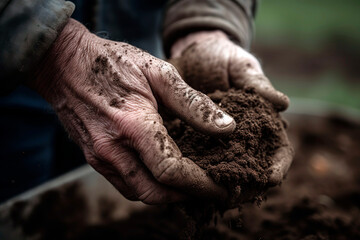 Male hands soiled with topsoil as it digs up the soil in the garden.