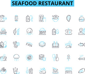 Seafood restaurant linear icons set. Oceanic, Nautical, Marina, Catch, Shellfish, Fishmonger, Shrimp line vector and concept signs. Lobster,Crab,Oyster outline illustrations Generative AI