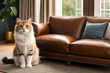 cat standing in front of leather sofa in living room, generative ai
