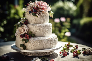 Beautifully crafted wedding cake captured in natural sunlight