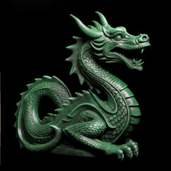 Fototapeta premium Head of carved green wooden dragon isolated on black background. Symbol of 2024. Chinese New Year. Detailed dragon figurine or statuette or brooch. High resolution. Generative AI, human enhanced