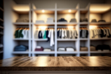 Wooden display table with blurred walk in closet in background. Flawless