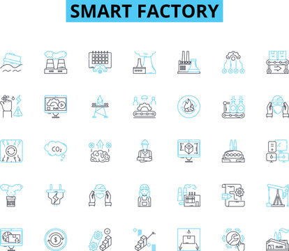 Smart factory linear icons set. Automation, Robotics, IoT, Industry , Data, Quality, Efficiency line vector and concept signs. Collaboration,Innovation,Predictive outline illustrations Generative AI