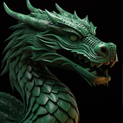 Head of carved green wooden dragon isolated on black background. Symbol of 2024. Chinese New Year. Detailed dragon figurine or statuette or brooch. High resolution. Generative AI, human enhanced