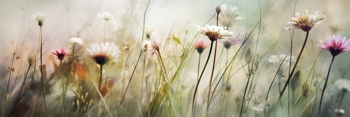 abstrakte blumen im wind. eine blumenwiese mit vielen bunten blüten (generative ai)