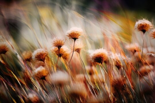 abstrakte blumen im wind. eine blumenwiese mit vielen bunten bl&uuml;ten (generative ai)