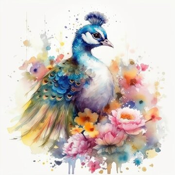 Colorful Watercolor Painting of a Cute Baby Peacock in a Flower Field - Animal Art, Nature Art - Ideal for Art Prints and Greeting Cards - Generative AI