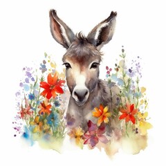 Watercolor Painting of a Colorful Flower Field with a Delightful Donkey Foal - Animal Art - Ideal for Greeting Cards and Art Prints - Generative AI