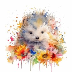 Adorable Baby Porcupine in a Colorful Flower Field - Watercolor Painting - Ideal for Nursery Decor and Greeting Cards - Generative AI